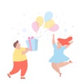 Vector illustration of a young man giving a box with a gift.Cute woman jumping with her hands up.Flat design of funny characters Royalty Free Stock Photo