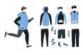 Illustration of young man running in winter cold season with winter running gear.