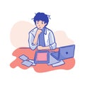 Illustration of a young man sitting at his desk and working on his laptop Royalty Free Stock Photo