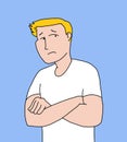 Illustration of a Young Man in White T-shirt with Crossed Arms and Distrust Face