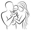 Illustration of young man and woman holding their child, cuddling, hugging, and kissing. . Parents love and happy family concept Royalty Free Stock Photo