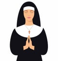 Illustration of a young nun with eyes closed and hands folded in prayer. Young nun in prayer position.