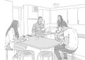 Illustration of young people students drinking morning coffee in shared house kitchen