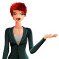 Illustration of a young pretty business woman with a stylish haircut showing some empty copy space to side with her hand. Royalty Free Stock Photo