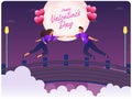 Illustration of Young Romantic Couple Flying with Heart Balloons on Full Moon Bridge Background for Happy Valentine\'s Day