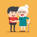 Illustration of young volunteer man caring for elderly woman.