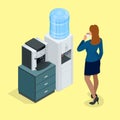 Illustration with young woman with coffee cup, coffee machine and Water cooler. Flat 3d vector isometric concept. Royalty Free Stock Photo
