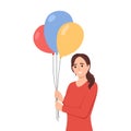 Illustration of a young woman in a Cute Sunday Dress Holding on to a Group of Balloons Tied Together