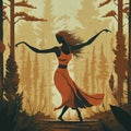 Illustration of young woman dancing in the woods