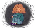 Illustration of a young woman in depression and sadness sitting on the floor and hugging herself. Symbol of bullying, ridicule and