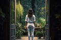 illustration of a young woman leaving the room into the garden. Generative AI