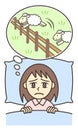 A sleepless woman imagining sheep jumping over a fence