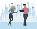 Illustration, young woman and man with laptops work as a team, looking for a solution. Business concept. Clip art, poster, vector