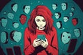 Illustration Of Young Woman With Mobile Phone Being Bullied And Trolled Online