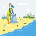 Illustration of young woman picking up trash plastic and cleaning beach with garbage bag. Woman volunteer clean sandy shore from