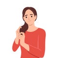 Illustration of a young woman Stressing Over Her Dry Frizzy Hair. Flat vector