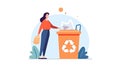 Illustration of a young woman throwing a bag with trash in recycling bin orange recycling container waste container on