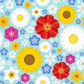 Summer seamless background with flowers. Positive vector illustration.