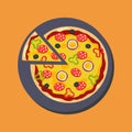 Illustration with yummy pizza on dish on yellow background.