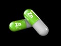 Illustration of Zinc mineral. Glossy drop pill capsule and vitamin complex. Healthy life medical dietary supplement.