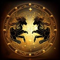 illustration zodiac sign twins esoteric horoscope hobby entertainment twin horses in a golden circle ornament.