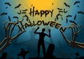 Illustration of zombie walking in a haunted cemetery with skeleton hands holding text