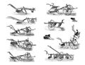 Illustrations of agricultural machinery on a white background.