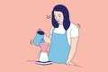 Illustrations of Beautiful female barista pours boiling water into the coffee glass, making a cup of coffee drip filter