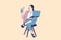 Illustrations of Beautiful freelancer woman using laptop and holding coffee cup Royalty Free Stock Photo