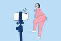 Illustrations of Beautiful Young influencer woman enjoy recording dancing video with smartphone for tiktok challenge