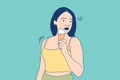 Illustrations Beautiful young woman eating delicious cone vanilla ice cream