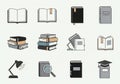 Illustrations of books in different states open, closed, stacked, Royalty Free Stock Photo