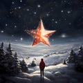 Illustrations, a boy in a winter landscape looking at a big star in the sky. The Christmas star as a symbol of the birth of the Royalty Free Stock Photo