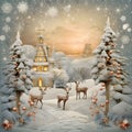 Illustrations chic reindeer deer in the middle of the Winter landscape in celeb the building of the Catholic Church. Christmas Royalty Free Stock Photo