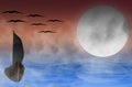 The illustrations and clipart. Moon in the sunset with fog and bats. A ship is sailing