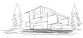 The illustrations and clipart. one-line art. one continues line art. a house and pine trees