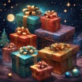 Colorful Wrapped Christmas Gifts with Ribbons on Interesting Backgrounds