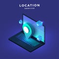 Illustrations concept location service on computer.Icon pin maps. Isometric vector graphic