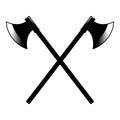 Illustrations of crossed ancient hatchets in engraving style. Design element for logo, label, emblem, sign.