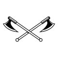 Illustrations of crossed lumberjack hatchets in engraving style. Design element for logo, label, emblem, sign.