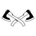 Illustrations of crossed lumberjack hatchets in engraving style. Design element for logo, label, emblem, sign.