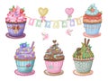 Illustrations cupcakes watercolor graphics, white background