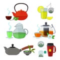 Illustrations of cups and kettles for different types of tea Royalty Free Stock Photo