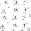cute cycling girls with animals dog print vector