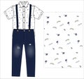 DENIM SHORTS WITH SUSPENDER SHIRT ALL OVER SUMMER PRINT