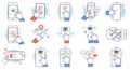 Illustrations depict various smartphone interactions using simple line art. Each image Royalty Free Stock Photo