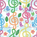 Music note watercolor vertical bird line seamless pattern