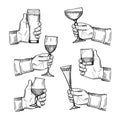 Illustrations of different alcoholic drinking glasses in hands. Vector hand drawn pictures isolate