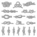 Illustrations of different nautical knots and nodes. Cordage icons set. Hand drawn pictures isolate on white Royalty Free Stock Photo