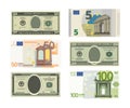 Illustrations of fake dollars and euro. Vector pictures of money Royalty Free Stock Photo